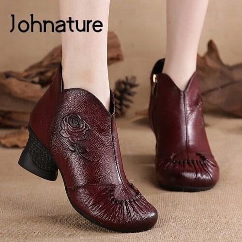 Johnature Ankle Boots Women Shoes Genuine Leather 2021 New Zip Leisure National Style Handmade Concise Platform Ladies Boots