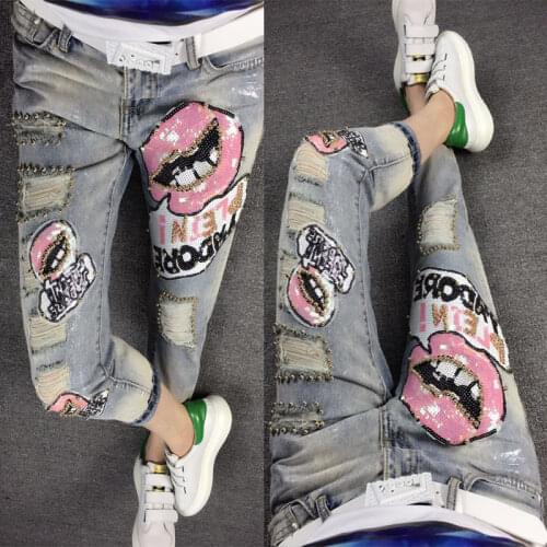 2021 Spring and Summer New Fashion High Waist Cropped Pencil Pants Womens Sequin Bead Ripped Lip Jeans Denim Pants Ladies