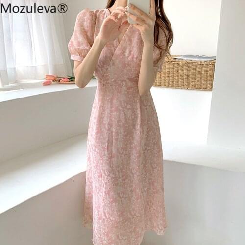 Mozuleva 2021 Vintage V Neck Floral Print Women A-line Dress Short Sleeve Summer Chiffon Female Dress Pink Vestidos Femme
