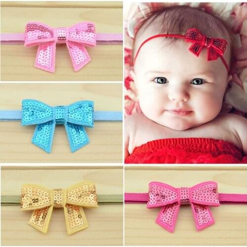 12 pcs/lot, Baby Kids Mini Sequin Bow on Skinny Stretchy Elastic Headband
