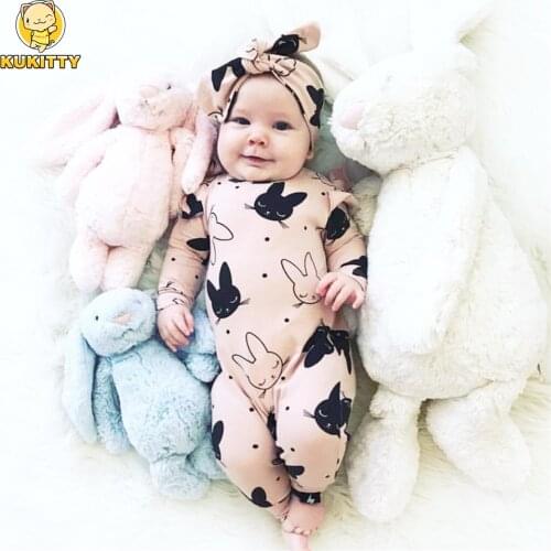 2Pcs Baby Girls Romper Cartoon Rabbit Pattern Cotton Long Sleeve Jumpsuit+Headband Outfits Set Newborn Infant Clothes