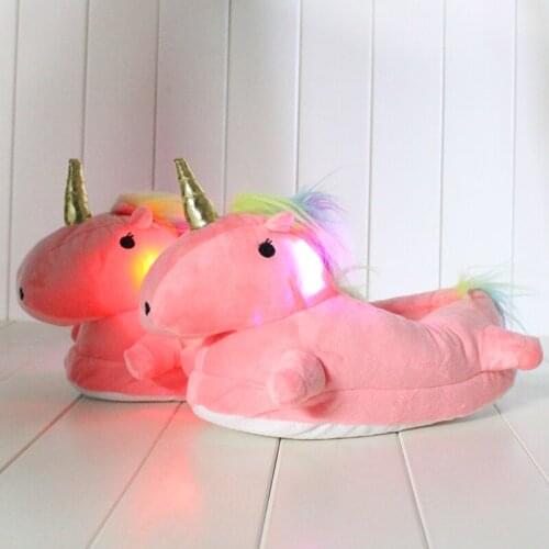3colors choosable Winter Cute Home foot warmer Slippers Cartoon Plush Chausson Licorne White Women Unicorn shoe with led light