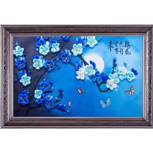 3D blue plum Ribbon embroidery kit with needle canvas paint handcraft stain DIY handmade needlework wall art decor gift idea