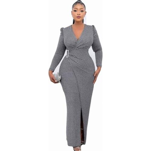 African Long Dresses For Women V Neck Puff Sleeve Corset Robes Autumn New Fashion Striped Print Formal African Office Lady Dress