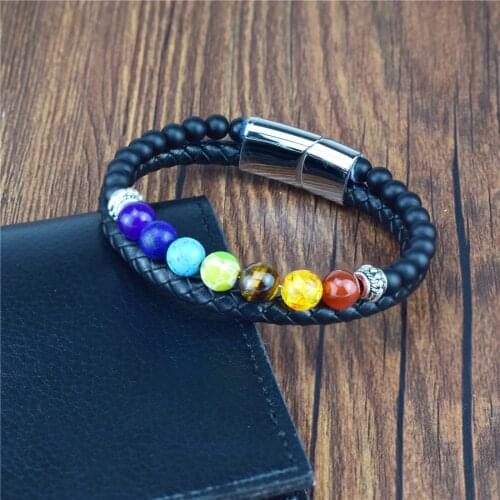Natural Round Chakra Bead Stone Mens Bracelet Classic Black Genuine Leather Stainless Steel Bangles Women 2020 Fashion Jewelry