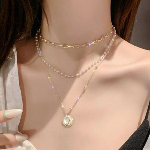 EN NEW VIntage Multi Layered Womens Necklaces Pearl Round Coin Gold Necklaces Bohemia Fashion pendant Necklace 2021 Jewelry