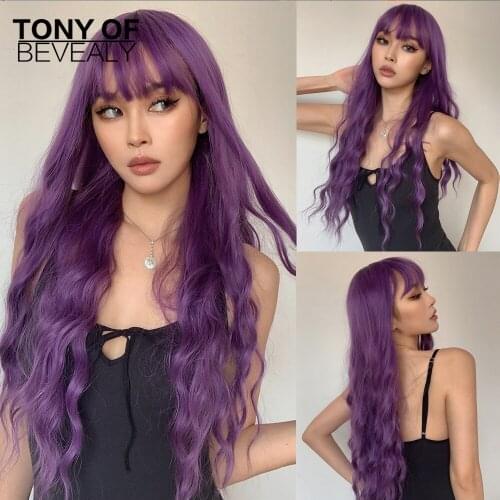 Purple Popular Synthetic Hair Wigs Long Water Wave High Temperature Fiber Wigs With Bangs for Women Cosplay Party Natural Wigs