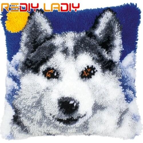 Latch Hook Kit Husky Puppy Cushion Cover Pre-Printed Color Canvas Crocheting Arts & Crafts Pillow Case Sofa Pillows Home Decor