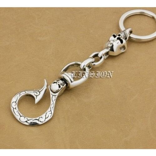 Skull Hook Solid 925 Sterling Silver Mens Biker Rocker Punk Keychain Belt Clip 9T011