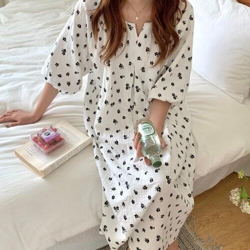 Black Floral Summer Nightgown Korean Sweet Long Sleepwear Lantern Sleeve Loose Casual Home Clothes Vintage O-Neck Harajuku