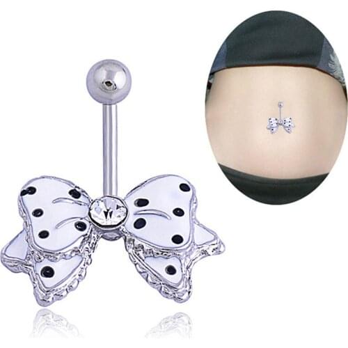 Trendy Black Dot White Bowknot Crystal Navel Belly Button Barbell Ring Body Piercing For Women Girls