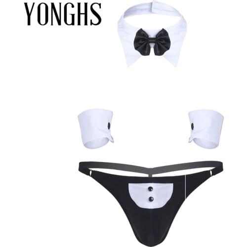 Mens Waiter Tuxedo Lingerie Suit for Sex Open Back G-string Thong Underwear with Bow Tie Collar and Bracelets Erotic Sex Costume
