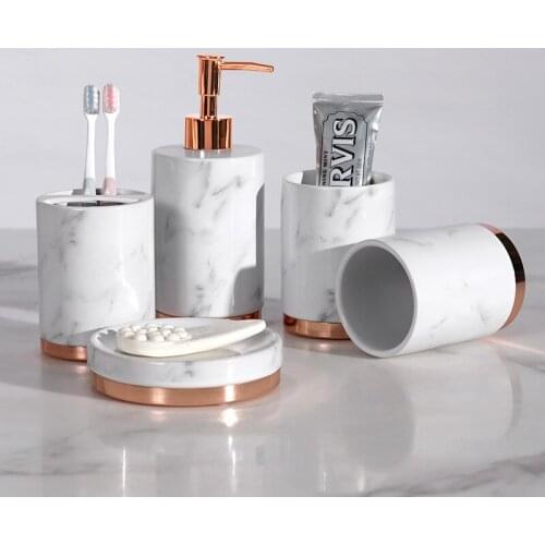 Bathroom Accessories Set Ceramic Metal Base Soap Dispensers Toothbrush Holder Gargle Cups Soap Dish With Tray Set Wedding Gifts