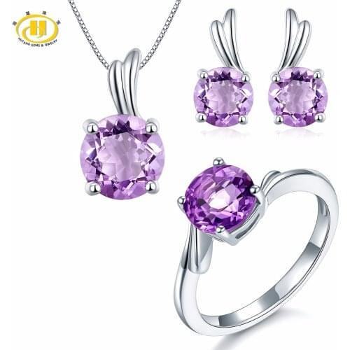 Hutang Natural Amethyst Solid 925 Sterling Silver Bridal Jewelry Sets Wing Ring & Pendant & Earrings Fine Jewelry Womens Gift