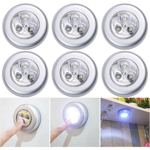 6pcs Battery Powered Night Lights Wireless Cabinet Lights Click 3-LED Push Light Lamp For Home Wardrobe Bathroom(White Light)