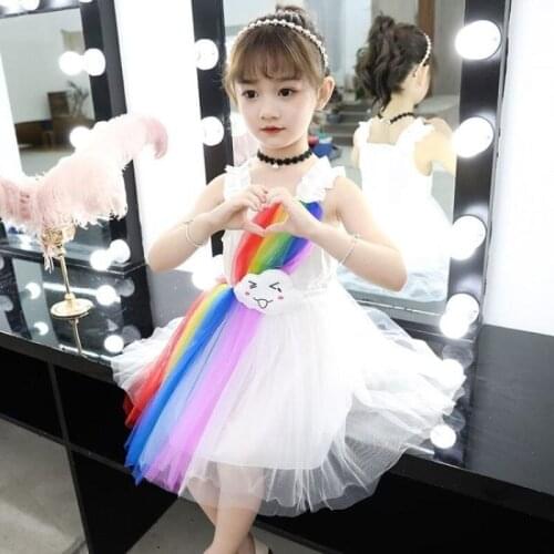 New Rainbow Dress For Girls Summer Dresses Kids Clothes For Girls Tulle Dress Baby Birthday Princess Dance Prom Dress Ball Gown