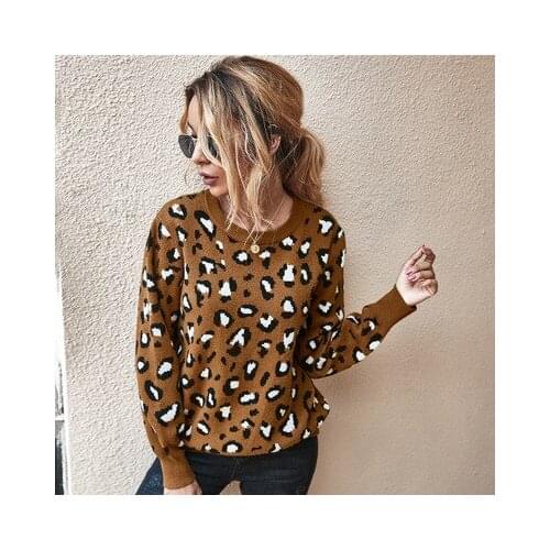 Fashion Leopard Sweater Autumn Winter New Round Neck Pullover Sweater Back Hollow Loose Long-sleeved Korean Slim Women Sweater