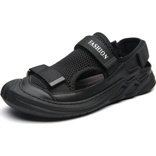 Closed Toe Genuine Leather and Mesh Upper Hollow Out Sandals Aqua Shoes Black Color Upstream Beach Shoes Men Water Shoes