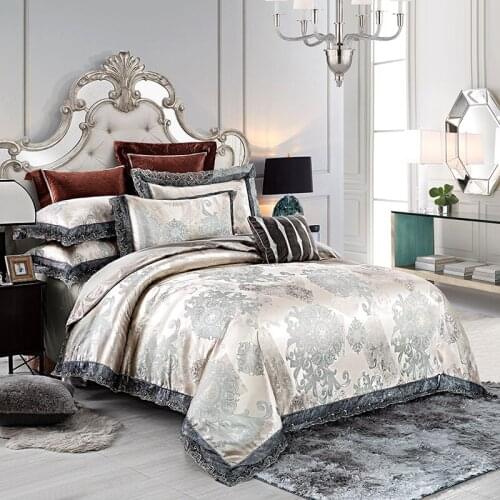 Silvery Green Blue Luxury European Style Jacquard Silk Bedding Set Lace Duvet Cover Bed sheet/Linen Bed Skirt Pillowcases 3/4pcs