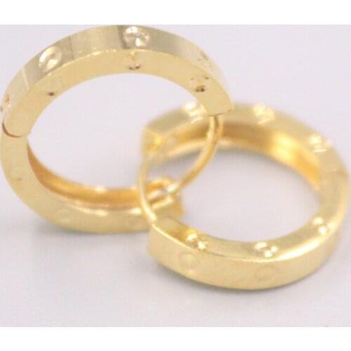 Real Pure 18K Yellow Gold Earrings Carved Small Dots Glossy Hoop Earrings 2.6g For Men Woman Lucky Gift