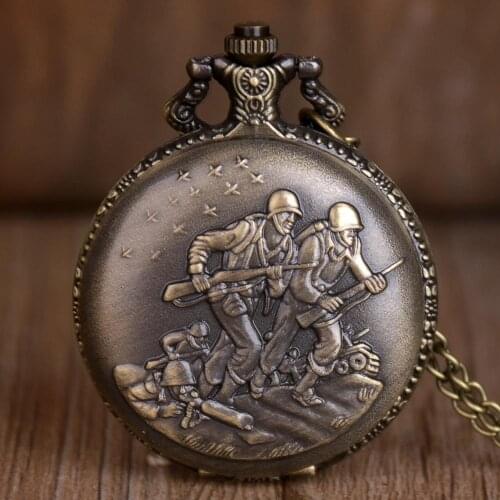 Vintage Soldier Quartz Pocket Watch Retro Bronze Fob Watch Men Women Gifts with Chain