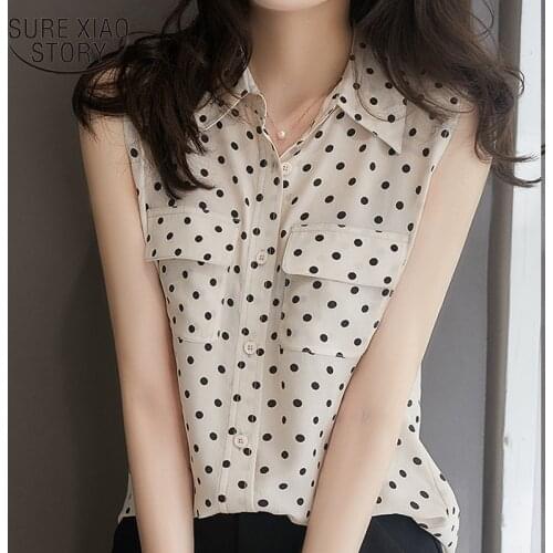 Casual Single Breasted Dot Women Blouses 2021 Summer Sleeveless Women Shirts Turn Down Collar Plus Size Women Clothing 14996