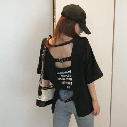 Cotton womens 2021 new trendy summer womens Korean version of loose net red careful machine leak back T-shirt mid-sleeve top