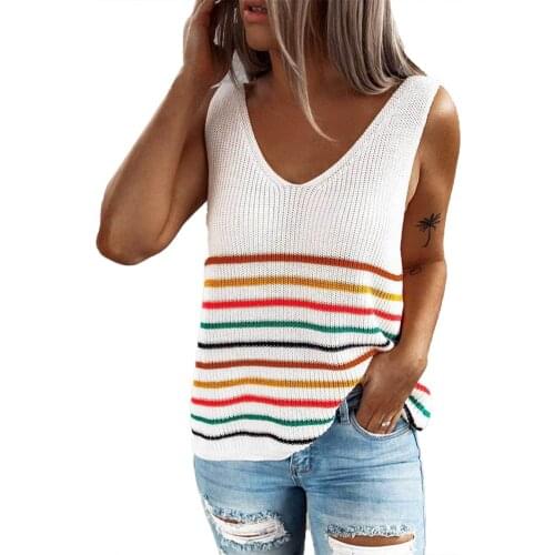 Women Summer Sexy Fashion V Neck Sleeveless Horizontal Stripes Knitted Loose Vest Blouse Ladies Casual Beach Tank Tops Clothing