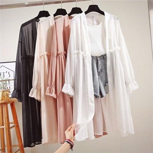 M-4XL Plus size Summer Women Chiffon Cardigan Sexy See-Through Ladies Long Blouse Shirt Beach Cover Up Femme Outerwear tops