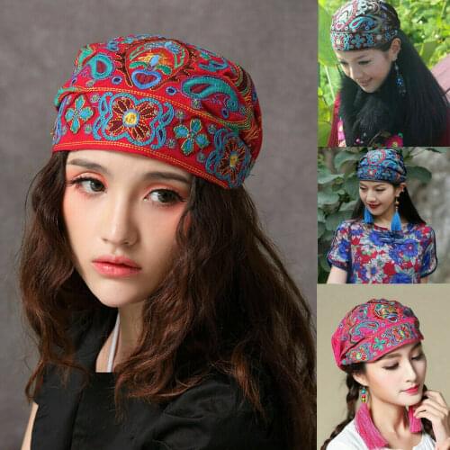 Women Ethnic Vintage Embroidery Flowers Bandanas Red Print Hats for Women Beanies Hats