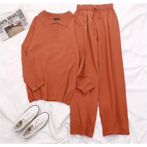 Spring Winter Women Knitted 2 Piece Set Polos Long Sleeve Sweater + Knitted Casual Pants 2 Piece Set Outfit 3 Color