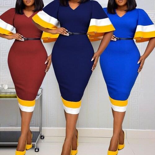 Womens Summer Color Matching Trumpet Sleeves V-neck Hip-lifting Professional Africa Southeast Asia Plus Size Dress With Belt