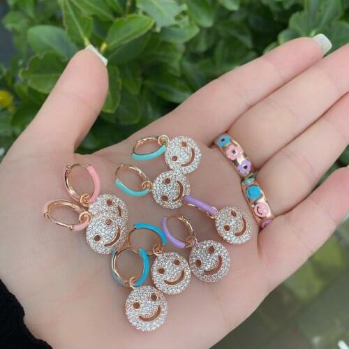 2021 High quality Minimalist trendy Neon Colorful zircon cz women jewelry rainbow happy face enamel gir Cute lovely hoop earring