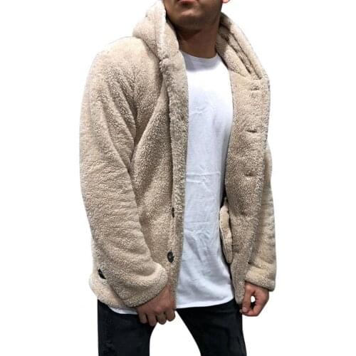 40% Dropshipping!!Fluffy Fleece Long Sleeve Hooded Coat Plush Buttons Closure Thicken Warm Men Coat Outerwear