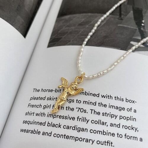 Fashion MaMa Gift Authentic 925 Sterling silver Natural Rice Pearl &Angel Wings Pendant necklace Gift Jewelry TLX990