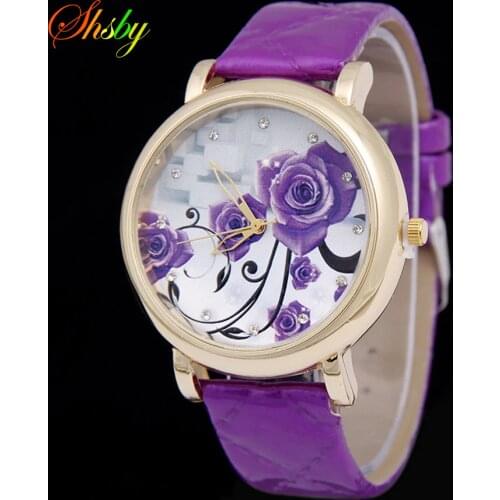Shsby Brand purple flowers Leather Strap WristWatches Fashion Ladies Rhinestone Quartz Watch Women dress Watches girls gift
