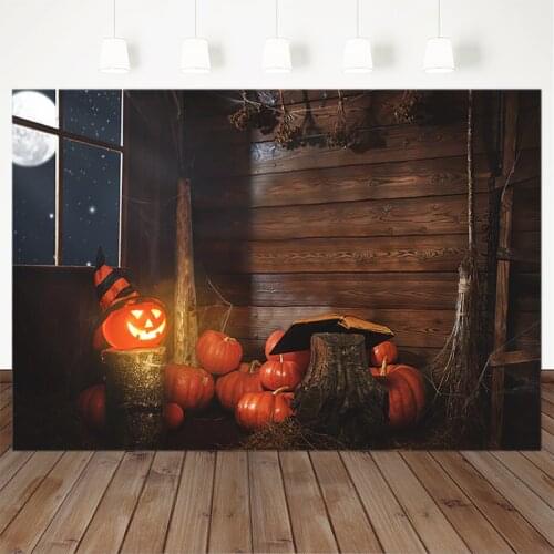 Halloween Photography Background Pumpkin Lantern Moon Warehouse Wooden Window Backdrop Decoration Printed Banner For Studio