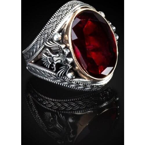 Faceted Red Zircon Gemstone Men Silver Ring Knitting Model Men Ring Double Eagle Style Jewelry Animal Silver Ring