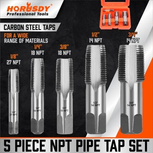 HORUSDY 5-Piece NPT Pipe Tap Set, Sizes Includes 1/8", 1/4", 3/8", 1/2" and 3/4"