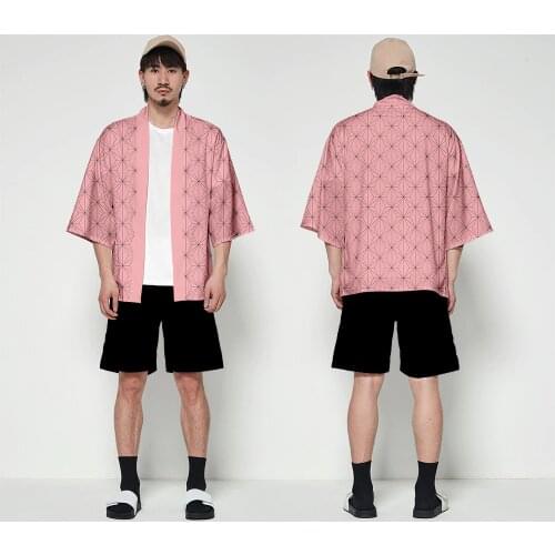 Kimono Men Shirt Casual Cardigan Streetwear Harajuku Japanese Fashion Pink diamond square Print Coat Jackets Asian Clothes