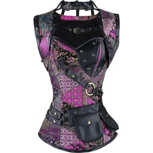 Womens Steampunk Spiral Steel Boned Leather Gothic Corset Vintage Retro High Neck Punk Floral Bustier Jacket Pouch Corselet Top