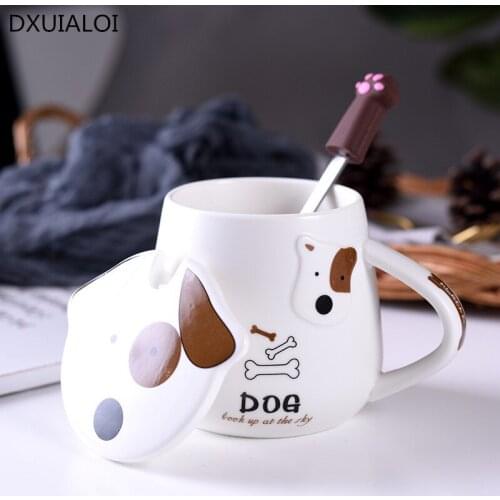 Nordic style creative animal puppy ceramic mug mug breakfast milk cup trend cup with lid spoon best gift for children cute cup