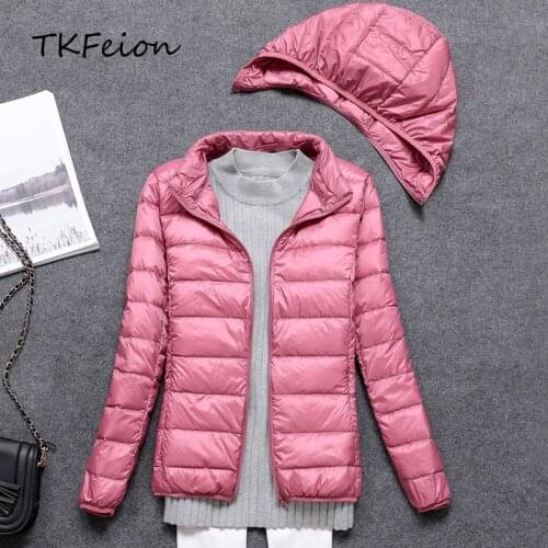 Women Autumn Jacket with Detachable Hat Fashion Navy Pink Colors 2018 Ladies Duck Down Outwear Thin Style 3XL Female Slim Coats