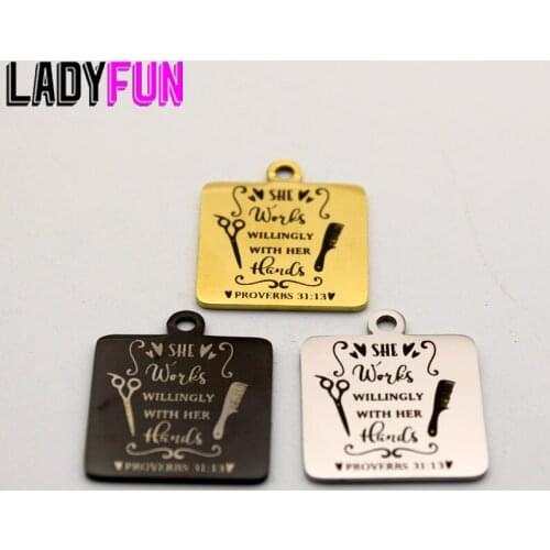 Hairdresser Salon Square Charm Stainless Steel She Works Willing with Her Hands Charms High Polish Mirror Surface Pendant
