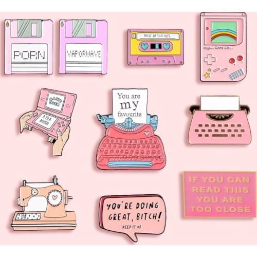 Cute Pink Typewriter Metal Enamel Brooch Game Machine Tape Sewing Machine Memory Card Badge Pin Sweet Trendy Jewelry Gifts