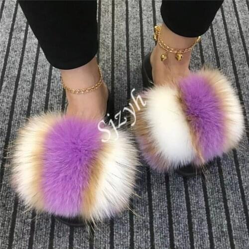 Wholesale Womens Fox Fur Slippers Cute Luxury Fluffy Slides Childrens/Kids Furry Flip Flops Ladies Plush Sandals Summer Shoes