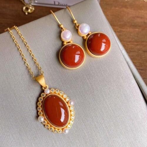 Original S925 Sterling Silver Gold Plated Natural South Red Agate Pearl Antique Generous and Upscale Retro Style Female Pendant