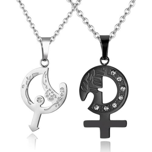 Couples Necklaces Black White Boy and Girl Symbol Pendants Necklace Stainless Steel Jewelry Love Crystal Necklace