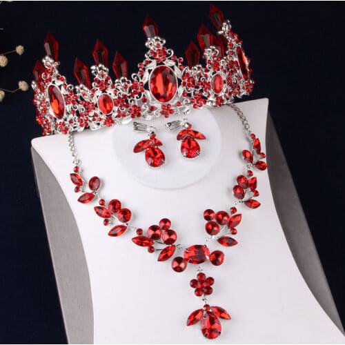 Luxury Silver Plated Red Crystal Flowers Bridal Jewelry Sets Rhinestone Tiaras Crown Necklace Earrings Wedding Dubai Jewelry Set