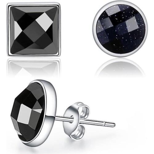 Trendy Round Square Black Onyx Organic Natural Polished Stone Stud Earrings for Women Men Ear Studs Rock Jewelry Party Gifts C75